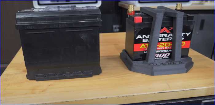 compare a lithium battery bracket to a larger standard size battery.